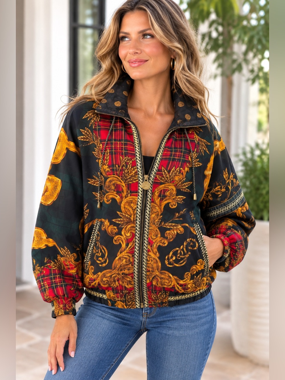 Vintage Gallery Sport Baroque Tartan Plaid Gold Statement Bomber Jacket M
